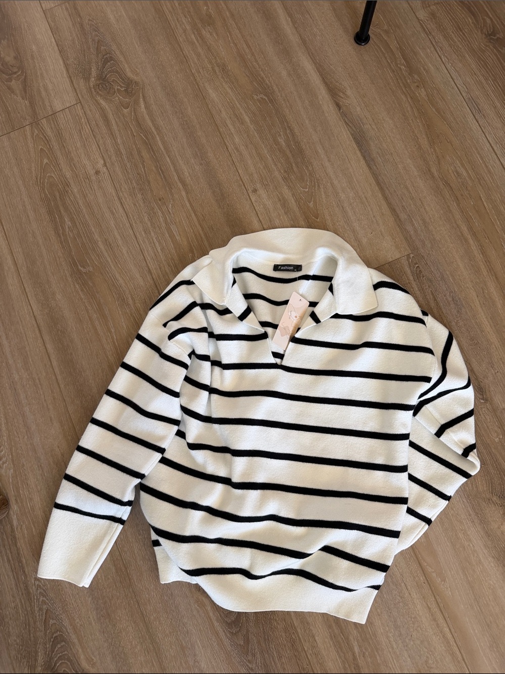 Striped Collared Women's Sweater - White with Black Stripes